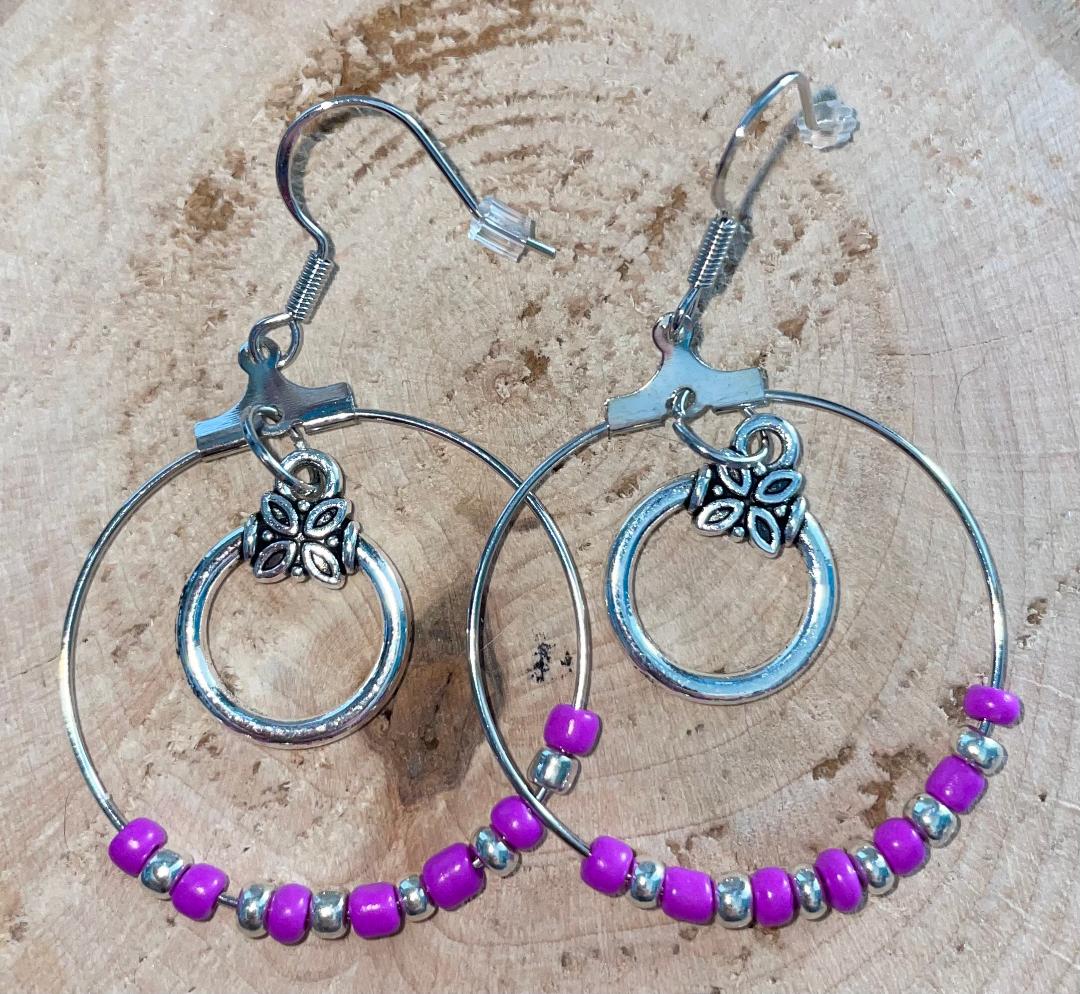 NEW Silver Tone Hoop Earrings & Hot Pink Beads Earrings