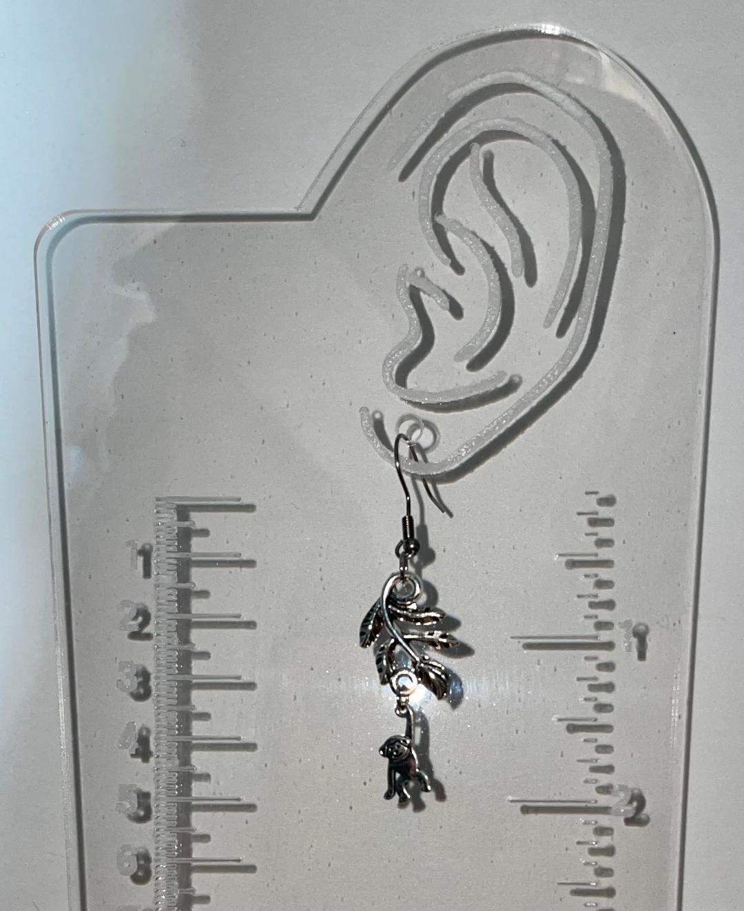 NEW Adorable Silvertone Leaf Branch & Monkey Drop Dangle Earrings