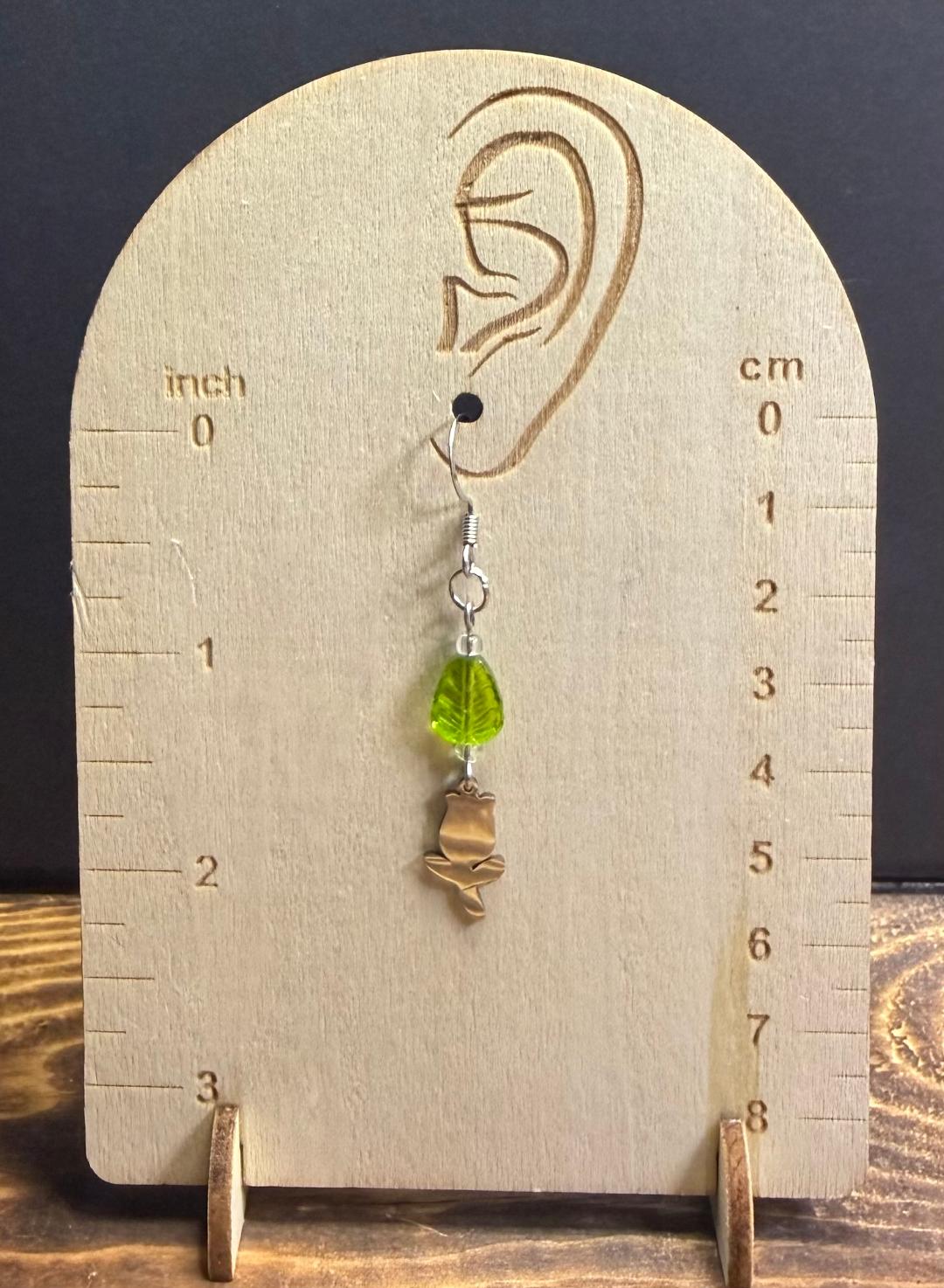 NEW Dainty Stainless Steel Tulip Charm Earrings w/ Green Glass Beads
