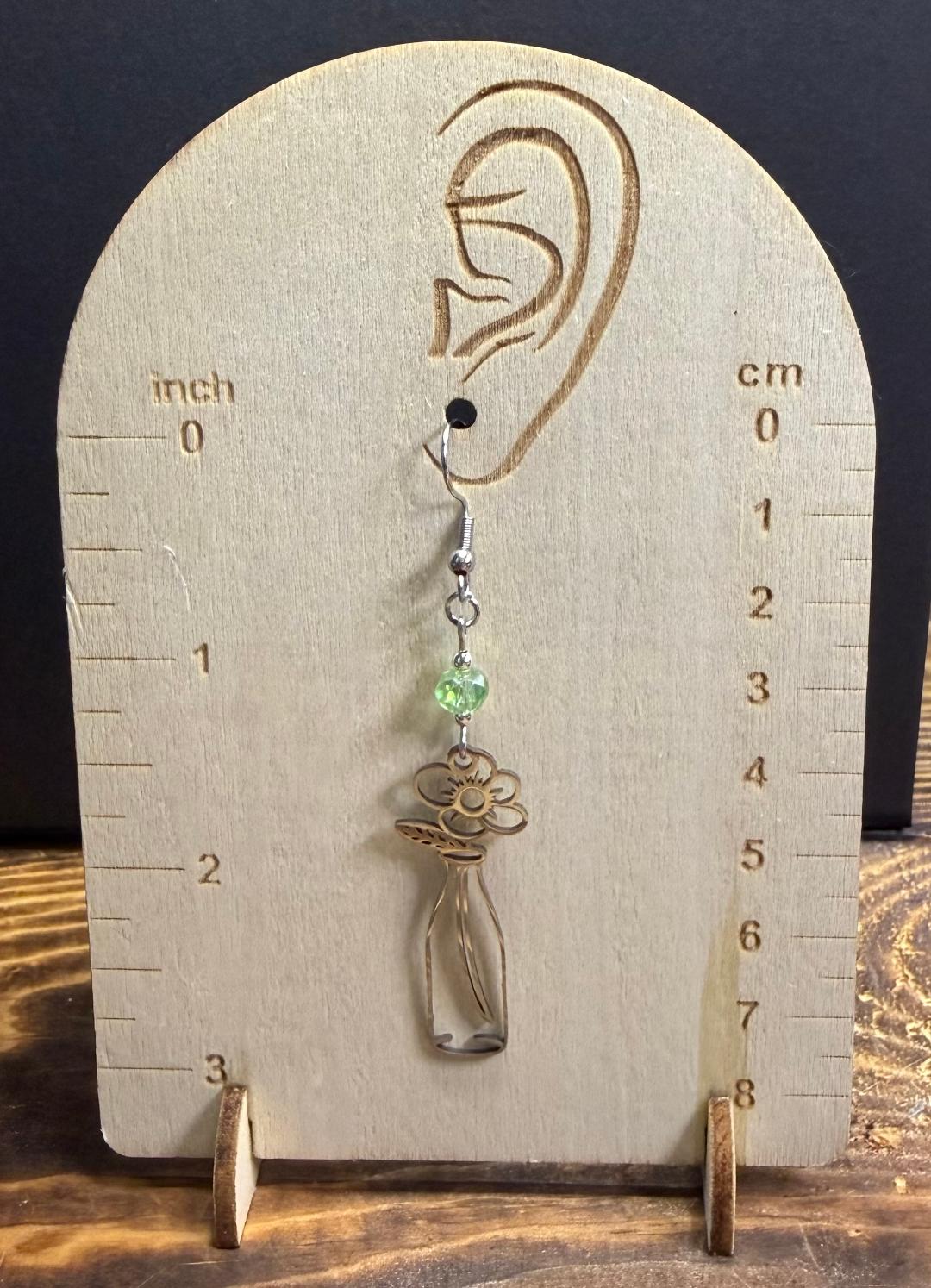 NEW Single Flower in Vase Stainless Steel Earrings w/ Green Glass Beads