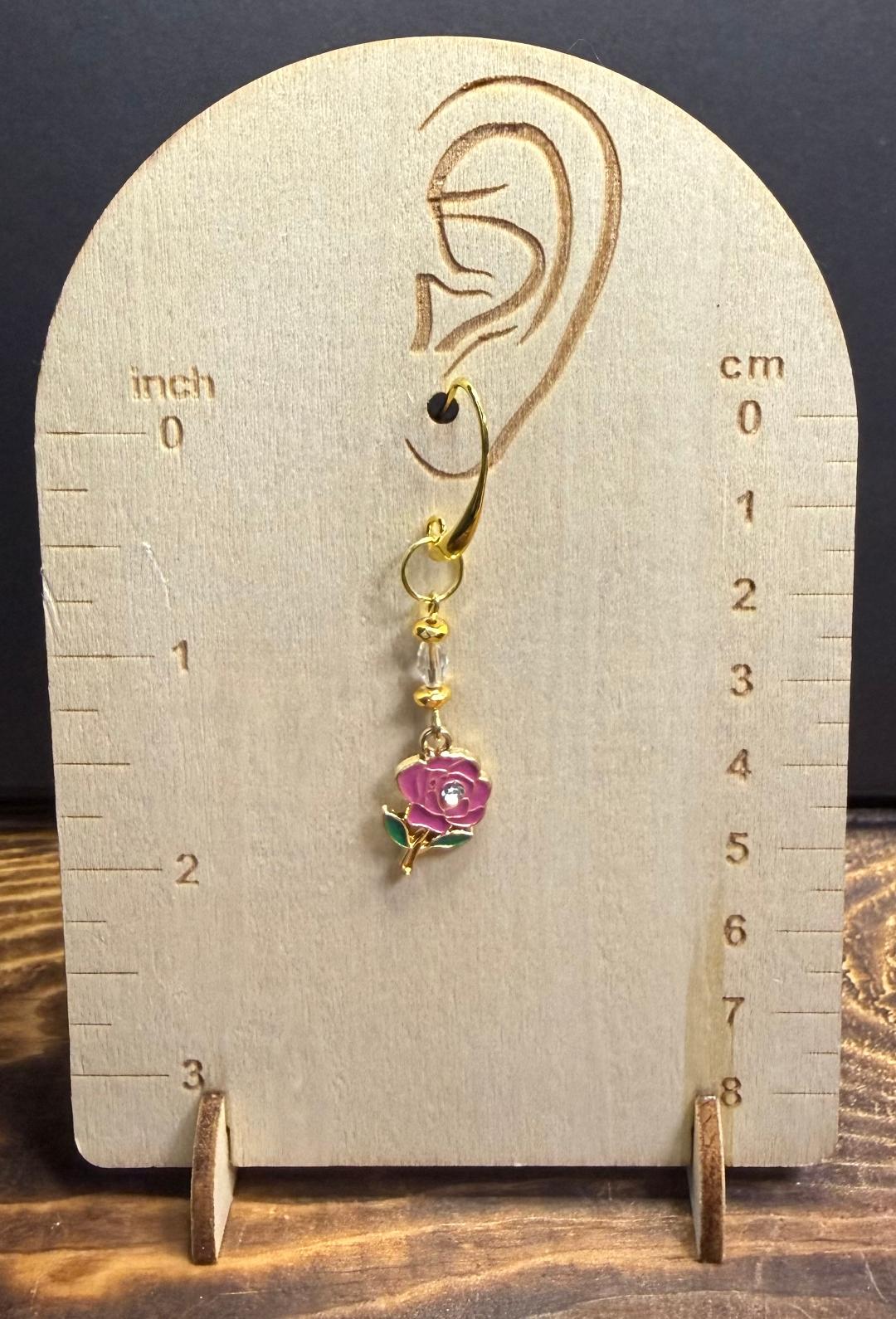 NEW Single Pink Enamel Rose Earrings w/ Rhinestone Center