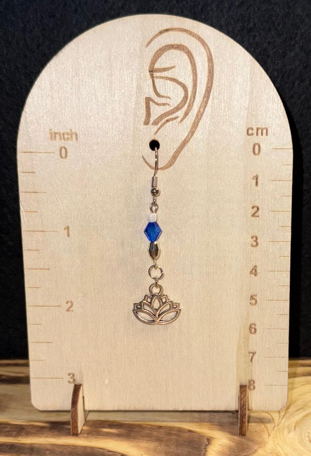 NEW Small Lotus Charm w/ Royal Blue & Silver Faceted Bead Earrings