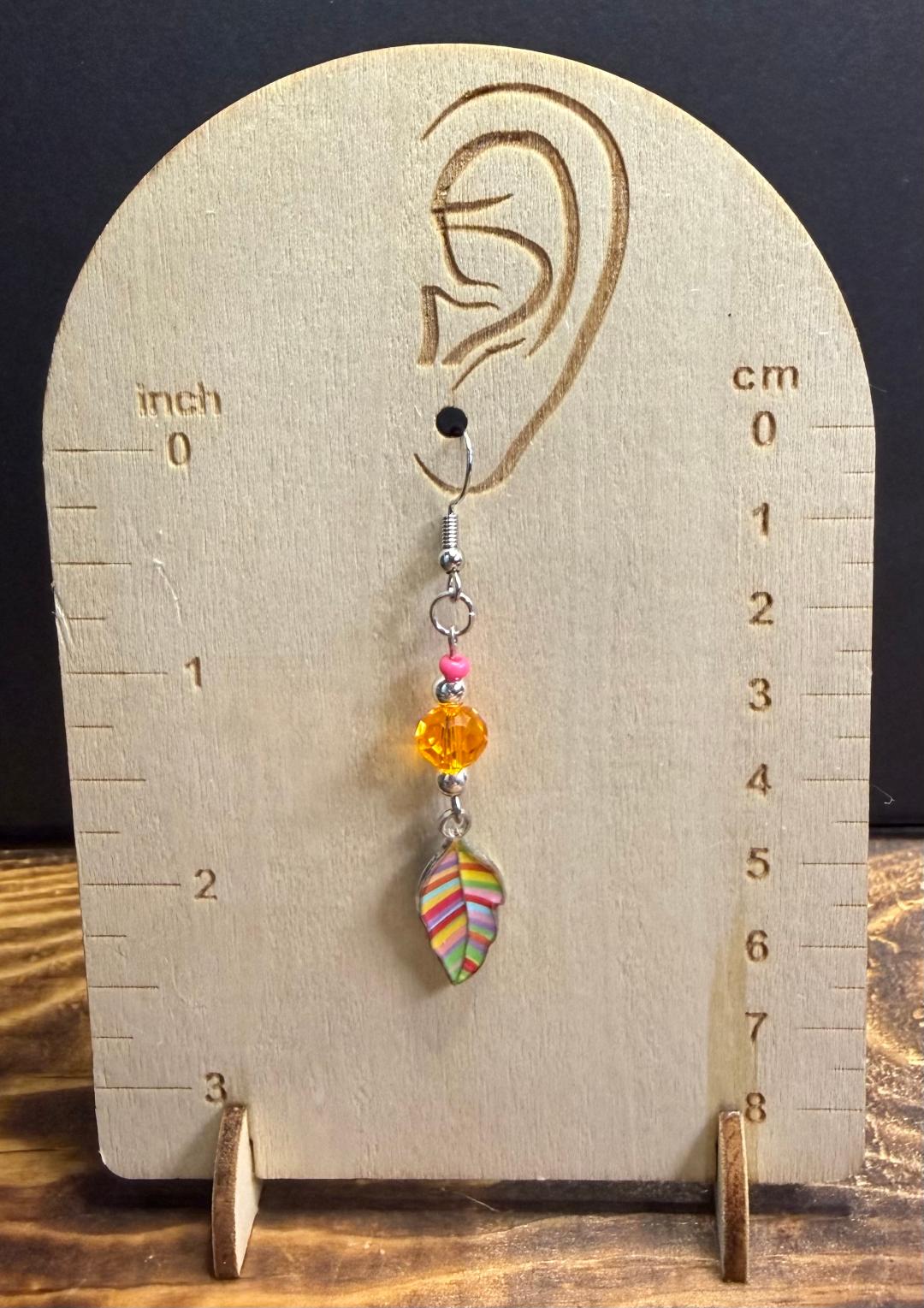NEW Rainbow Leaf Earrings w/ Pink & Orange Glass Beads