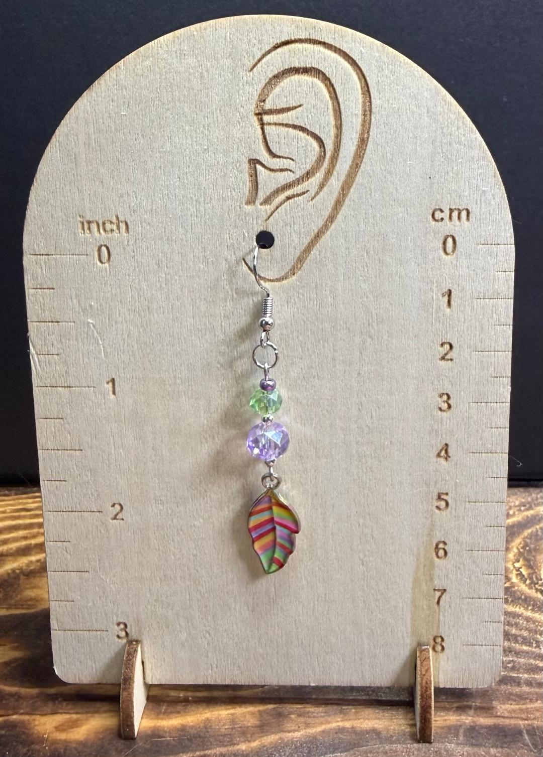 NEW Rainbow Leaf Earrings w/ Purple & Green Glass Beads