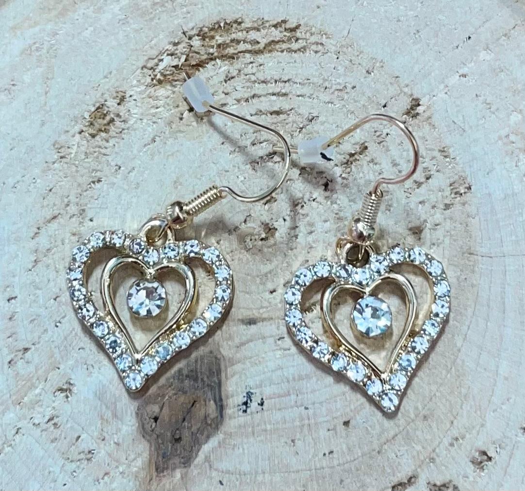 NEW Dainty Rhinestone & Gold Tone Heart Earrings