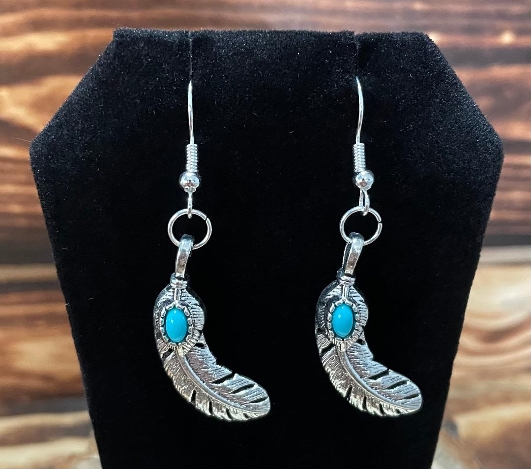 NEW Southwestern Alloy Feather & Faux Turquoise Earrings