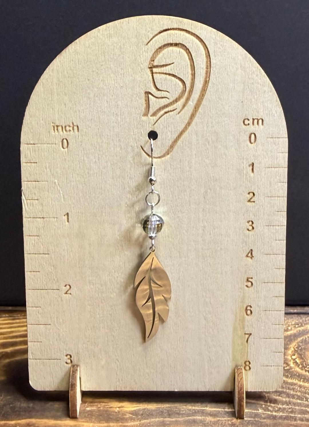 NEW Gorgeous Silver Stainless Steel Feather Leaf Earrings w/ Iridescent Glass Bead