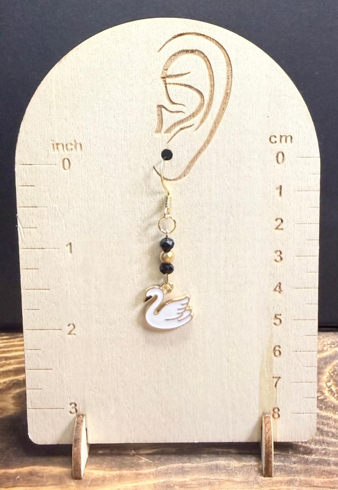 NEW Swan Charm Earrings w/ Black & Gold Glass Beads