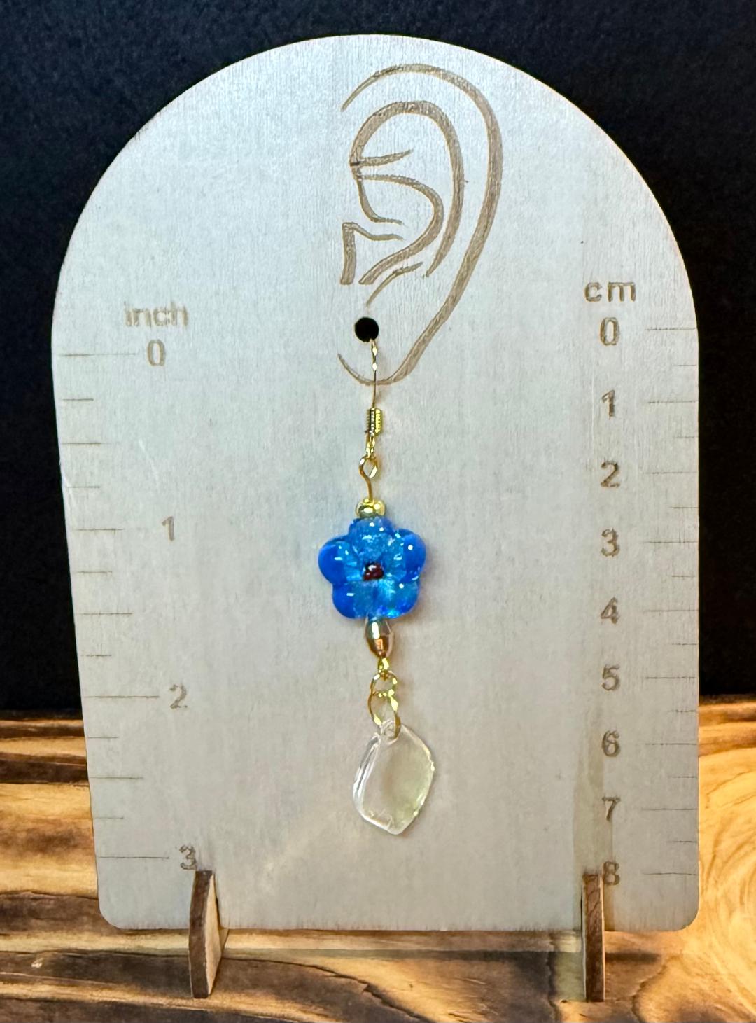 NEW Teal Blue Glass Flower Earrings w/ Lily Petal Charms - Gold Hooks