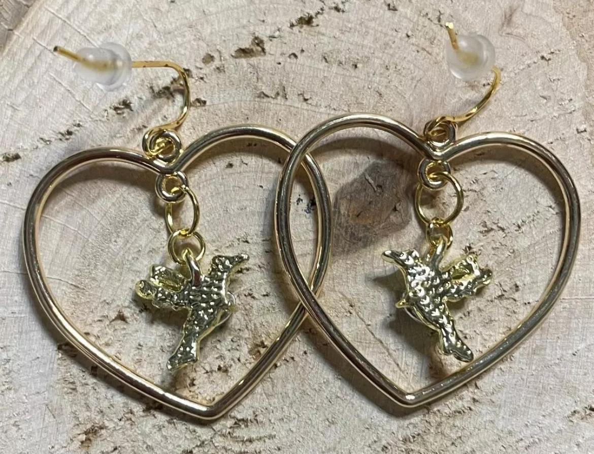 NEW Sweet Heart Shape Gold Tone Dangle Hoop Earrings with Rhinestone Hummingbird