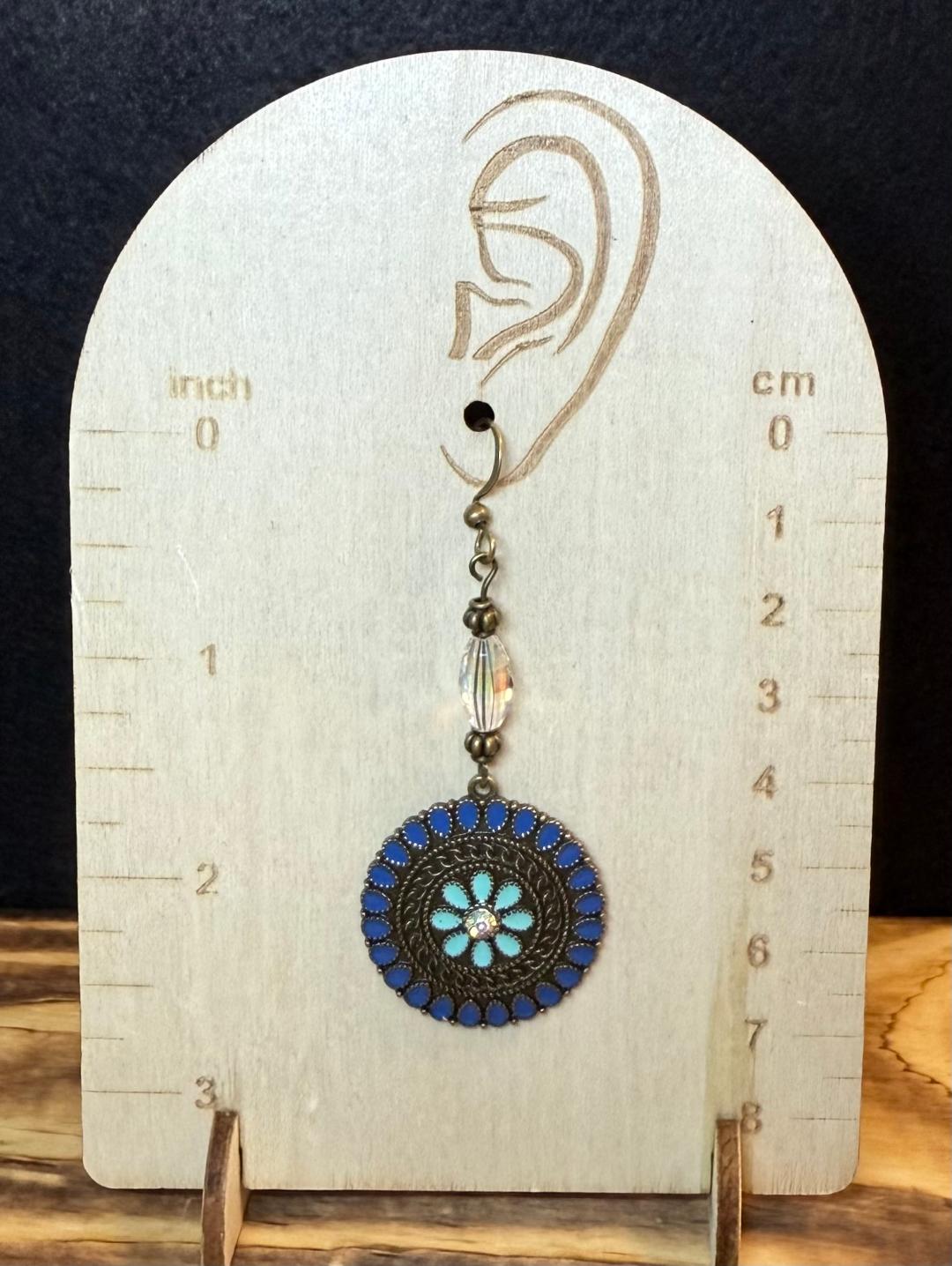 NEW Round Bronze Teal Blue Enamel & Rhinestone Earrings