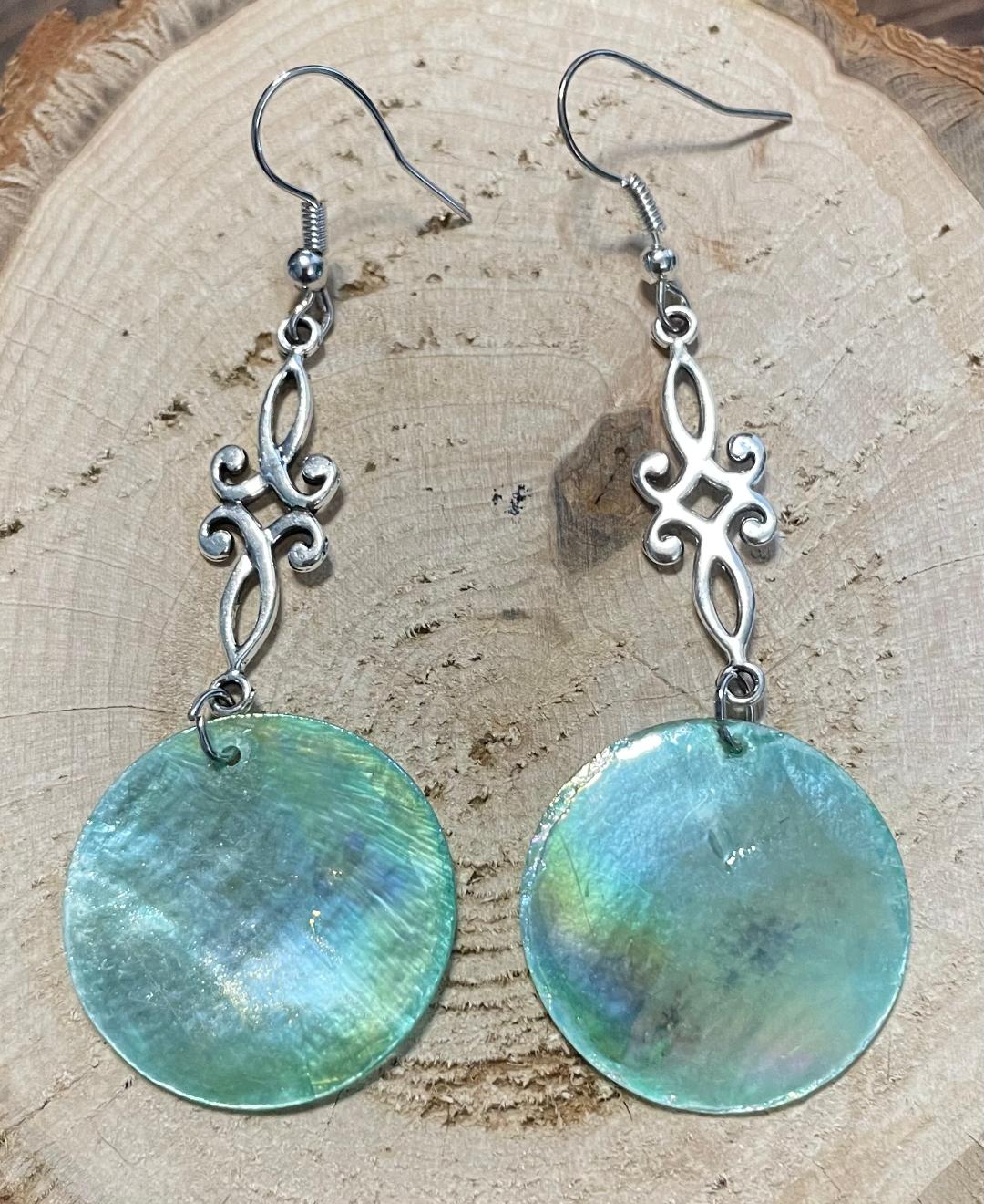 NEW Iridescent Natural Pastel Green Mother of Pearl Shell & Filigree Earrings