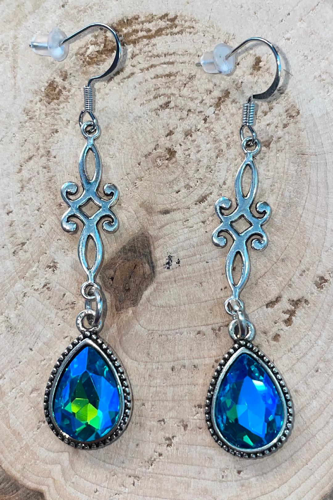 NEW Teal Blue Teardrop Rhinestone Silver Tone Drop Dangle Earrings