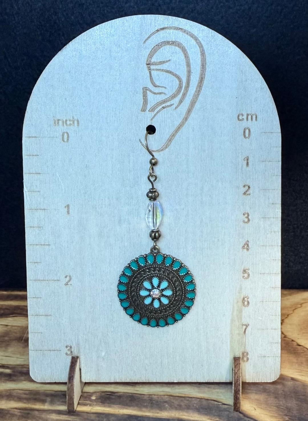 NEW Round Bronze Teal Green Enamel & Rhinestone Earrings