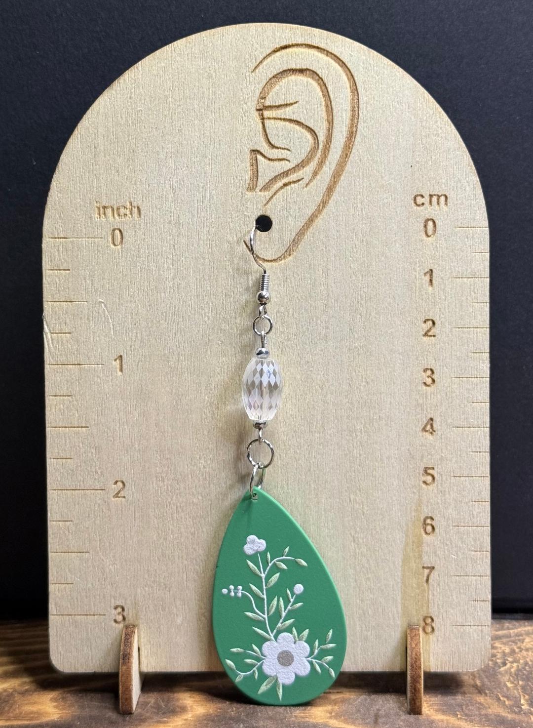 NEW Pastel Green Teardrop Floral Charm Earrings w/ Oval Glass Beads