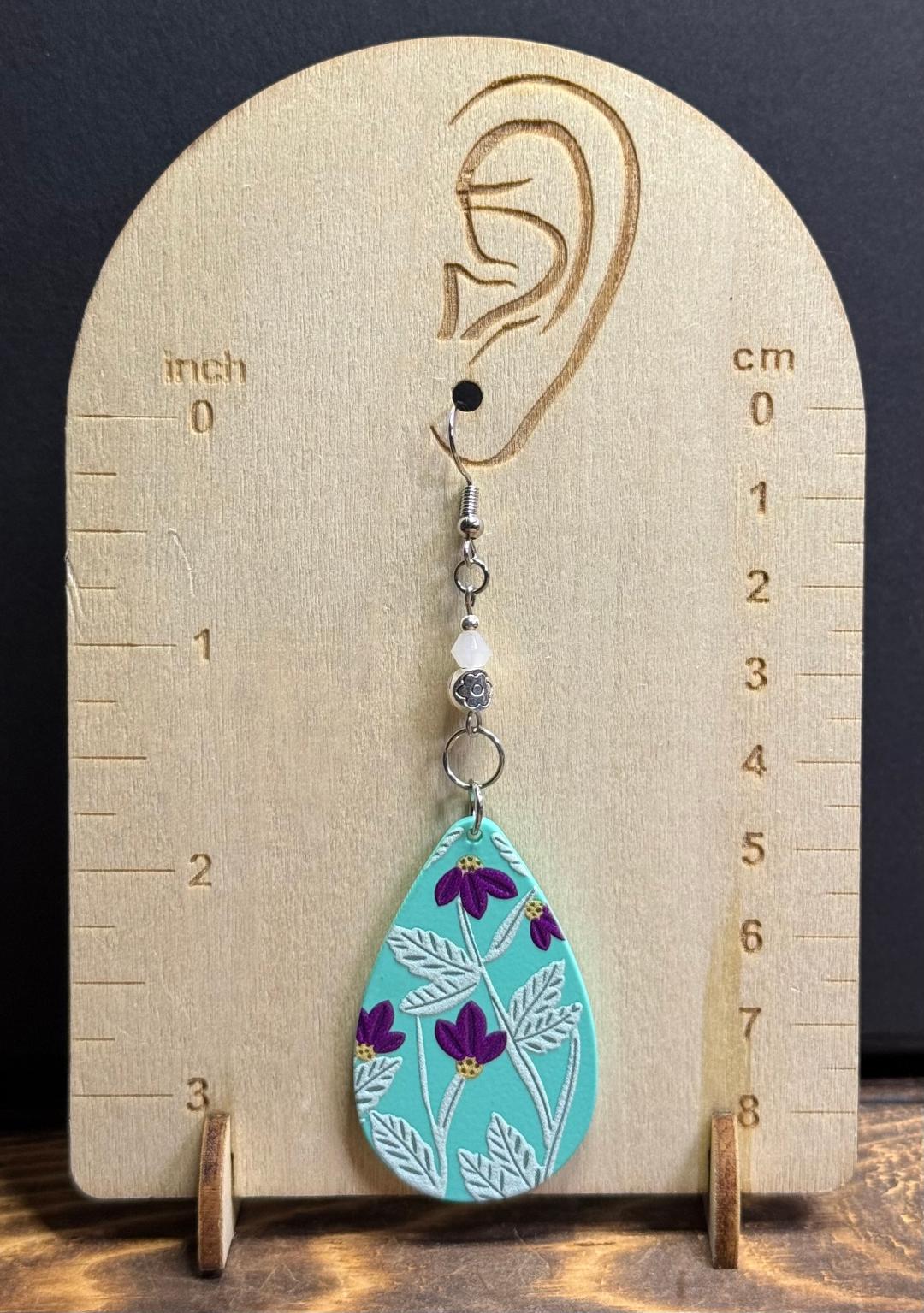 NEW Large Bright Teal & Purple Flower Teardrop Earrings w/ Glass Beads