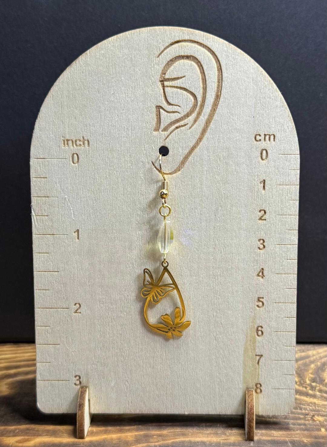 NEW Teardrop Stainless Steel Butterfly & Flower Charm w/ Clear Glass Beads