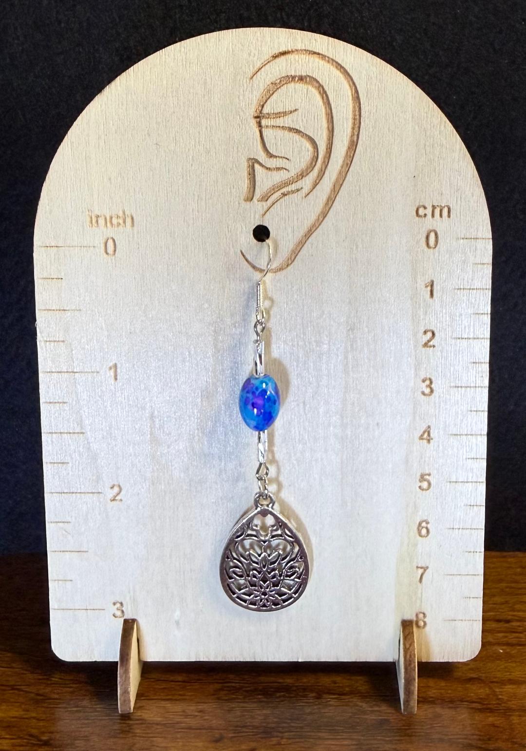 NEW Blue Glass Marble Bead Earrings w/ Teardrop Lotus Charm