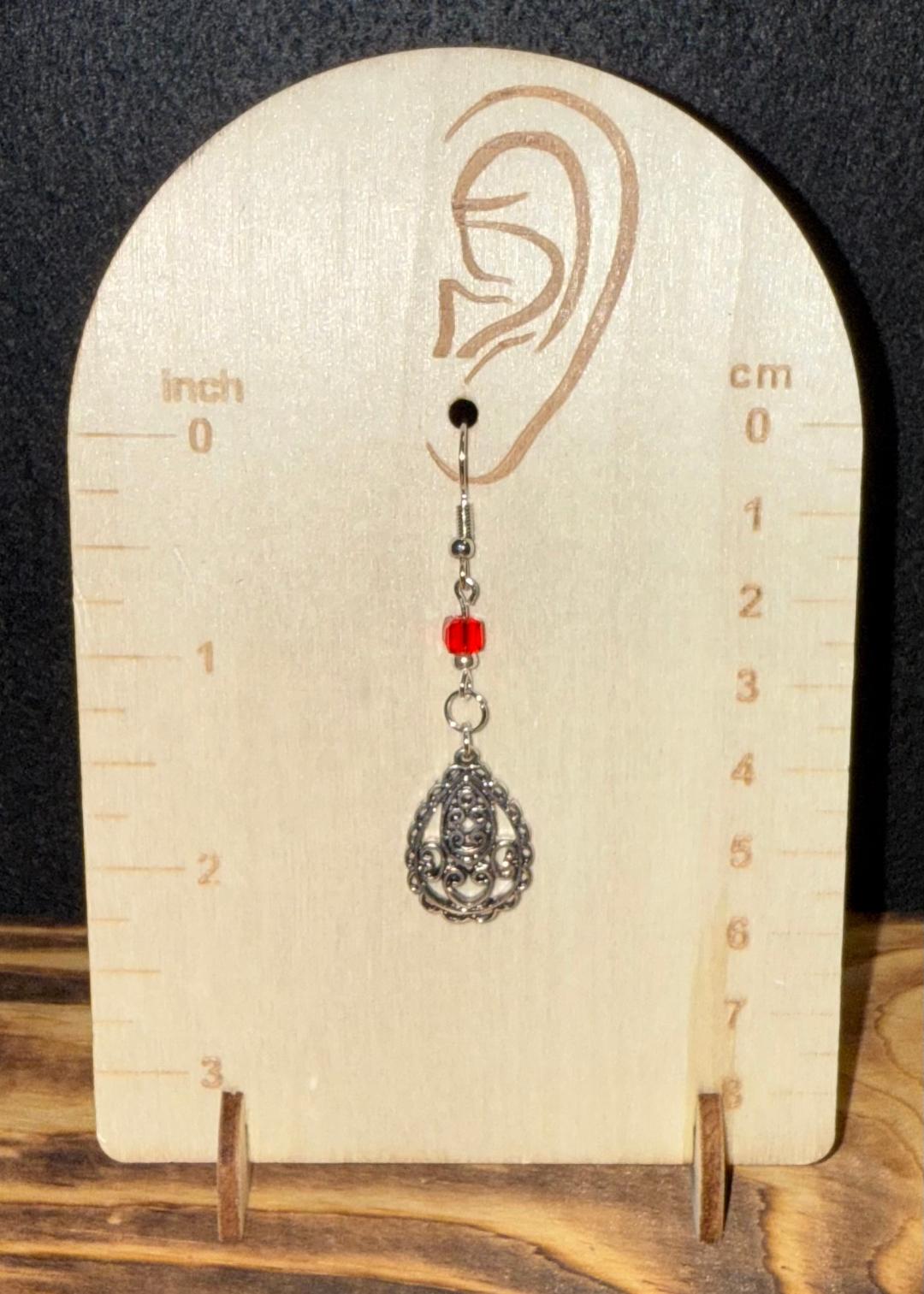 NEW Silver Teardrop Lotus Charm & Red Glass Bead Earrings