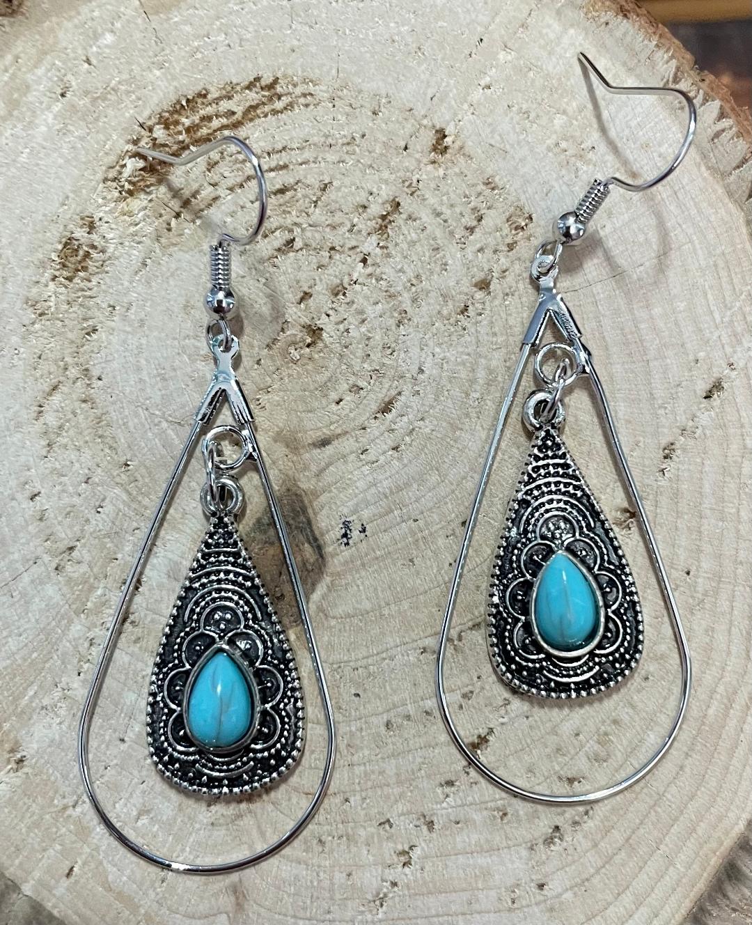 NEW Egyptian Style Teardrop Turquoise Charm & Hoop Earrings