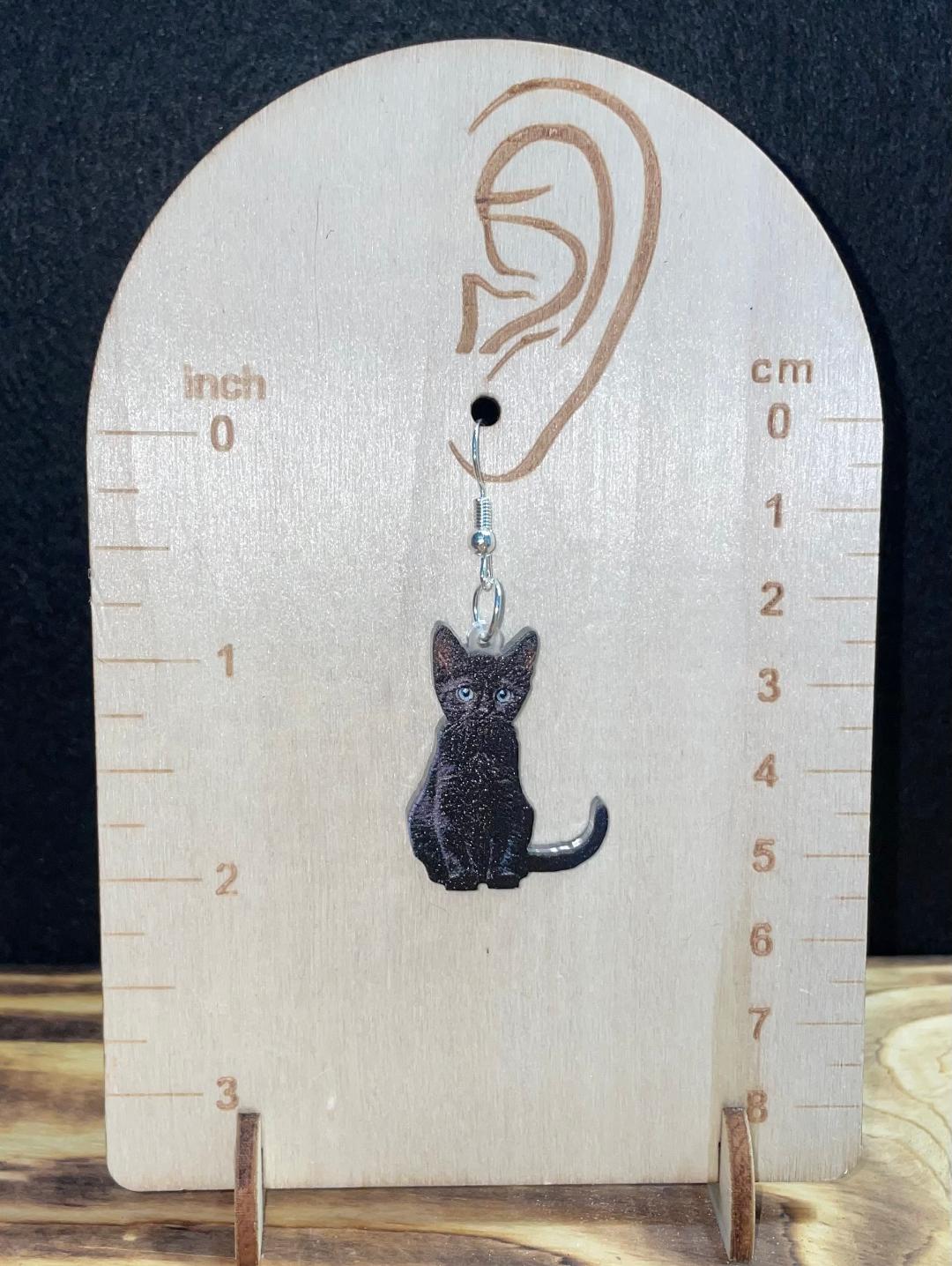 NEW Acrylic Textured Black Cat Earrings w/ Blue Eyes