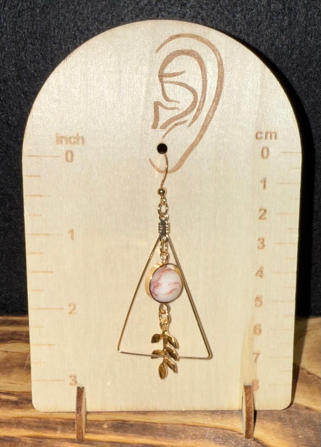 NEW Gold Triangle & Marbled Bead w/ Leaf Earrings