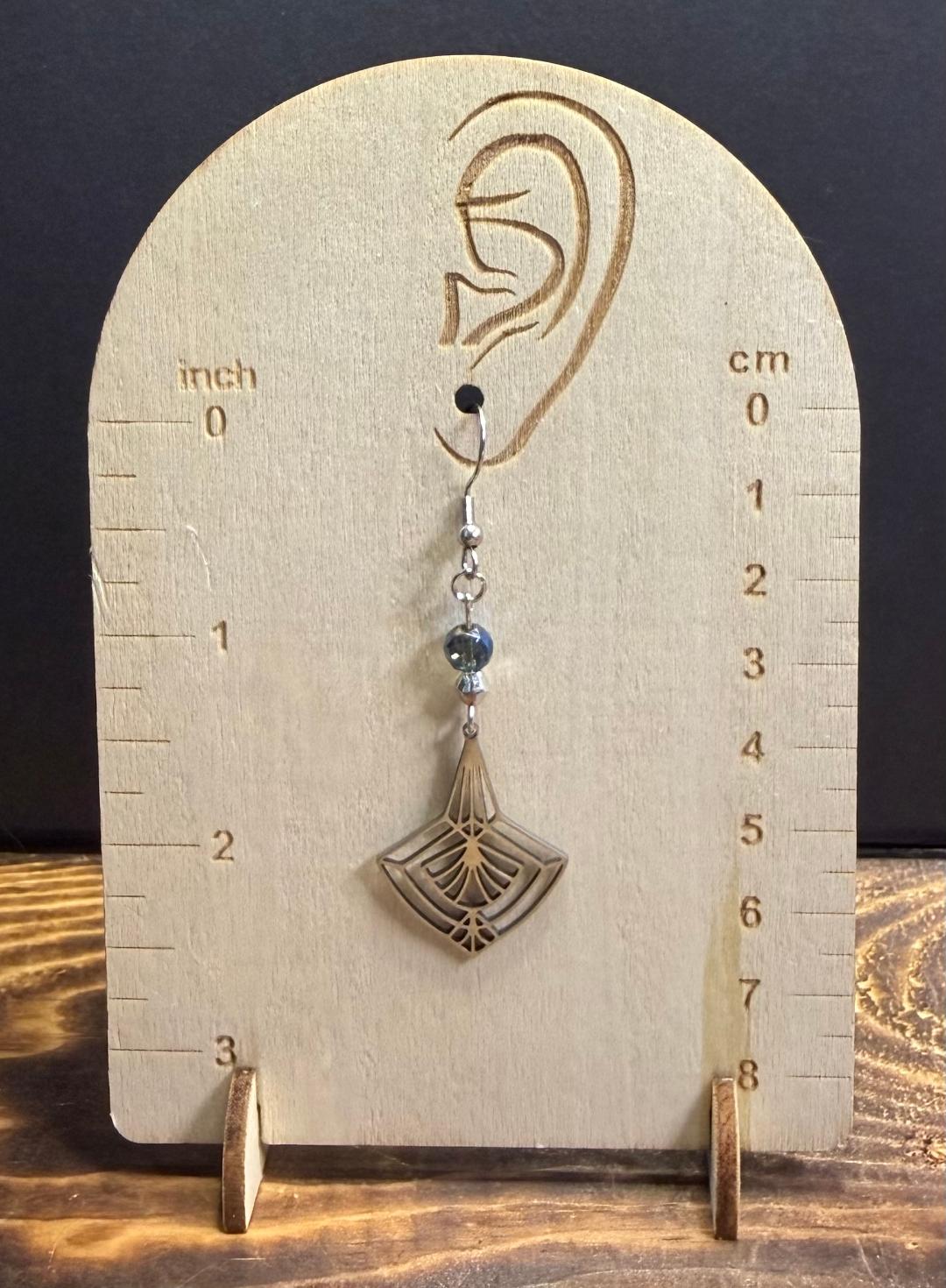 NEW Stainless Steel Triangle Silver Line Art Fan Earrings w/ Glass Beads