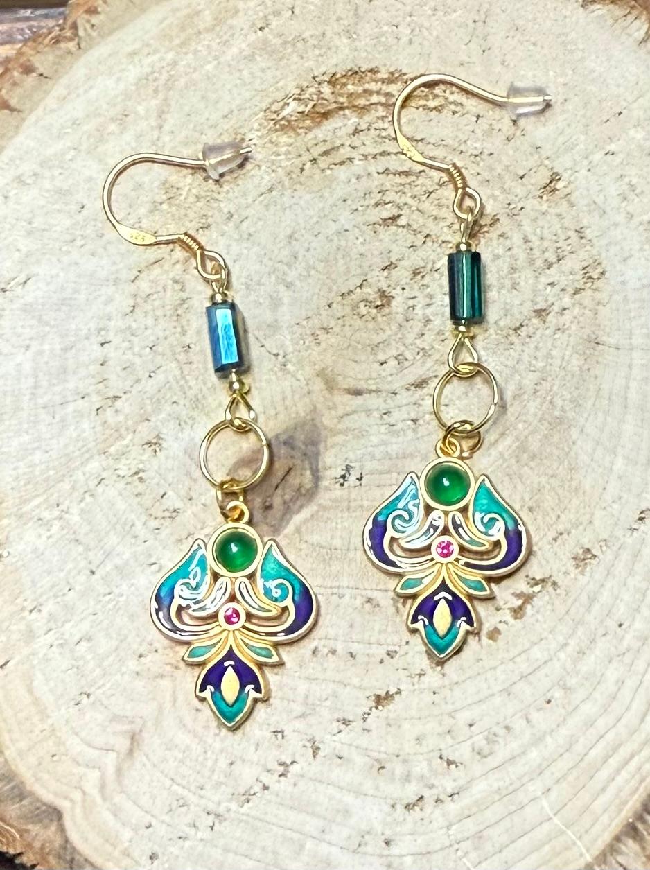 NEW Turkish Inspired 24K Gold Plated Drop Cloisonné Earrings w/ Tube Beads