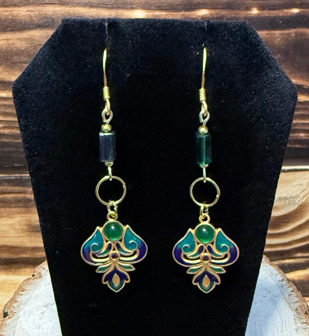 NEW Turkish Inspired 24K Gold Plated Drop Cloisonné Earrings w/ Tube Beads