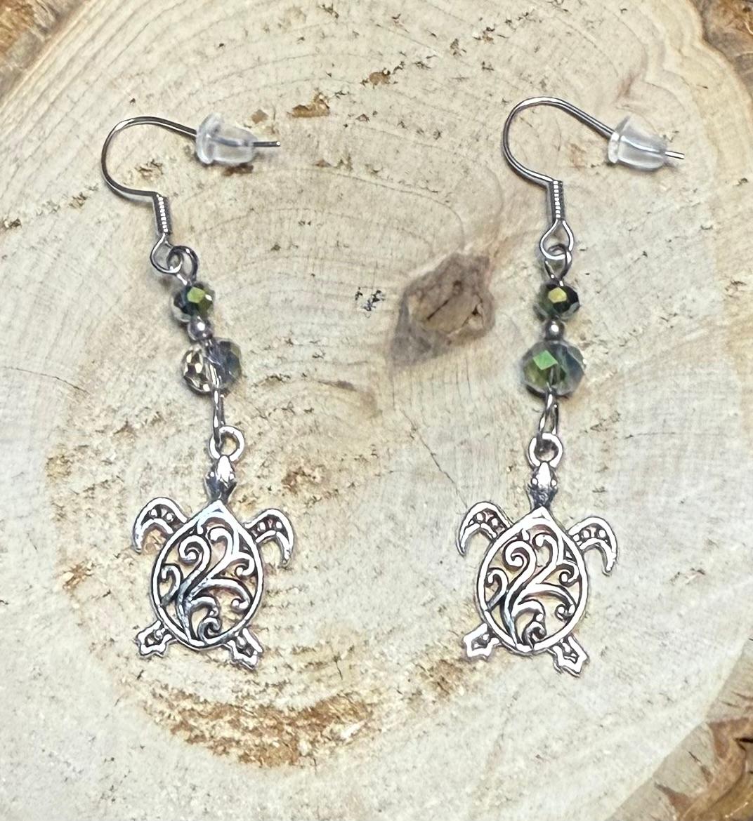 NEW Filigree Turtle Charm Earrings w/ Faceted Glass Beads