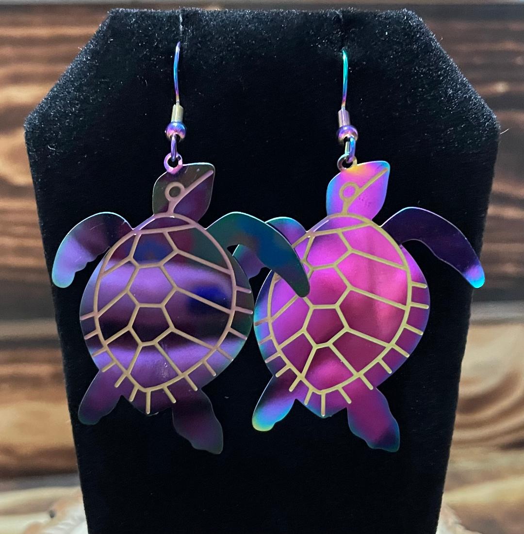 NEW Rainbow Iridescent Stainless Steel Turtle Earrings