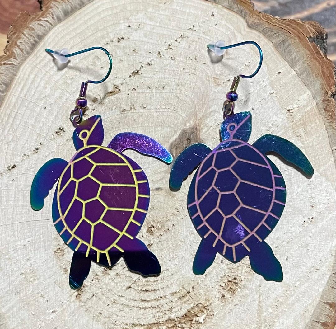 NEW Rainbow Iridescent Stainless Steel Turtle Earrings