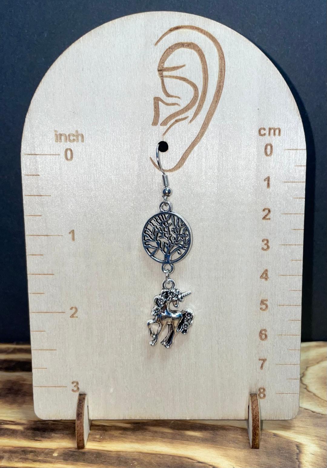 NEW Unicorn / Tree of Life Silver Tone Drop Earrings
