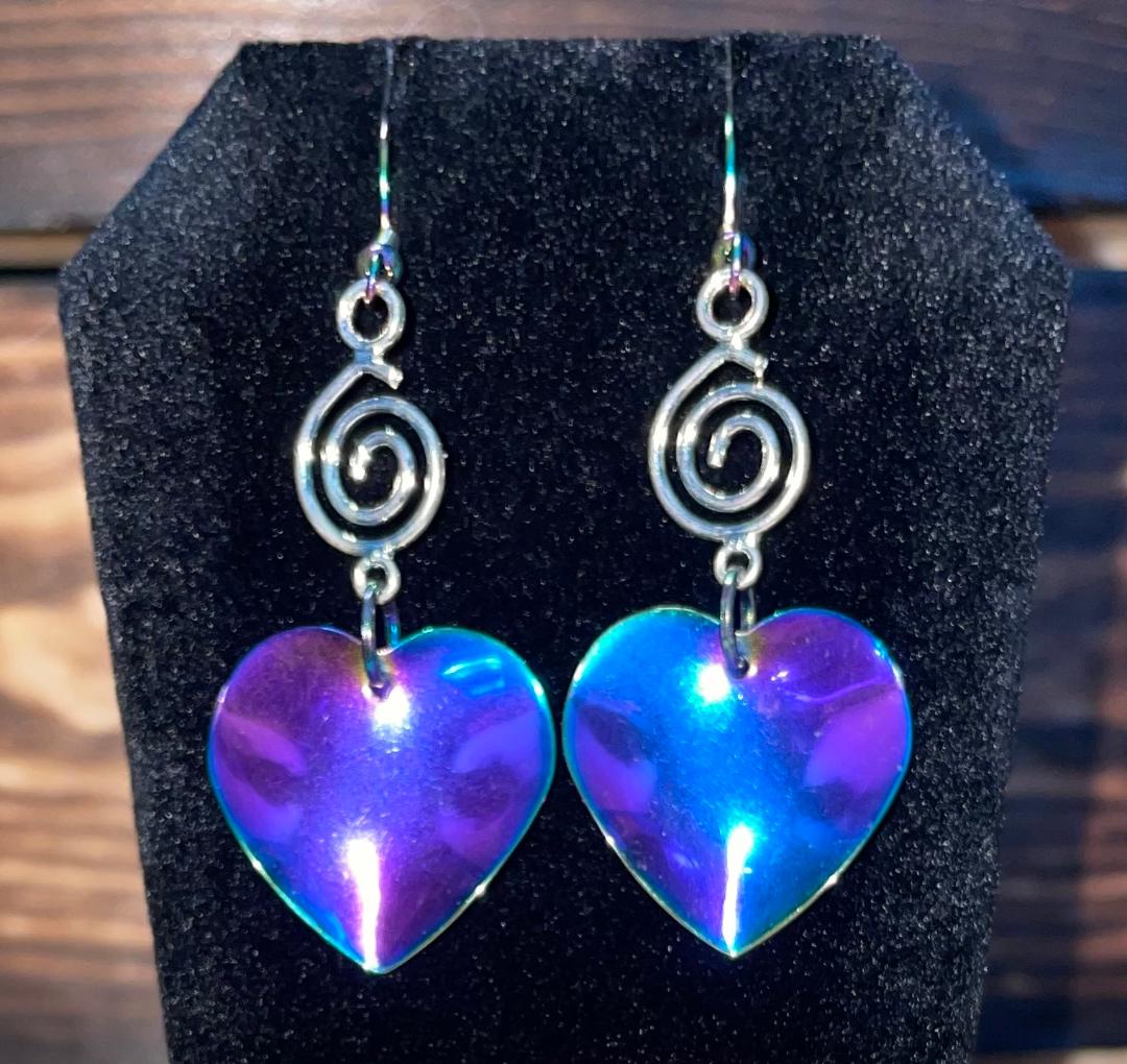 NEW Rainbow Iridescent Ripple Wave Stainless Steel Heart Earrings