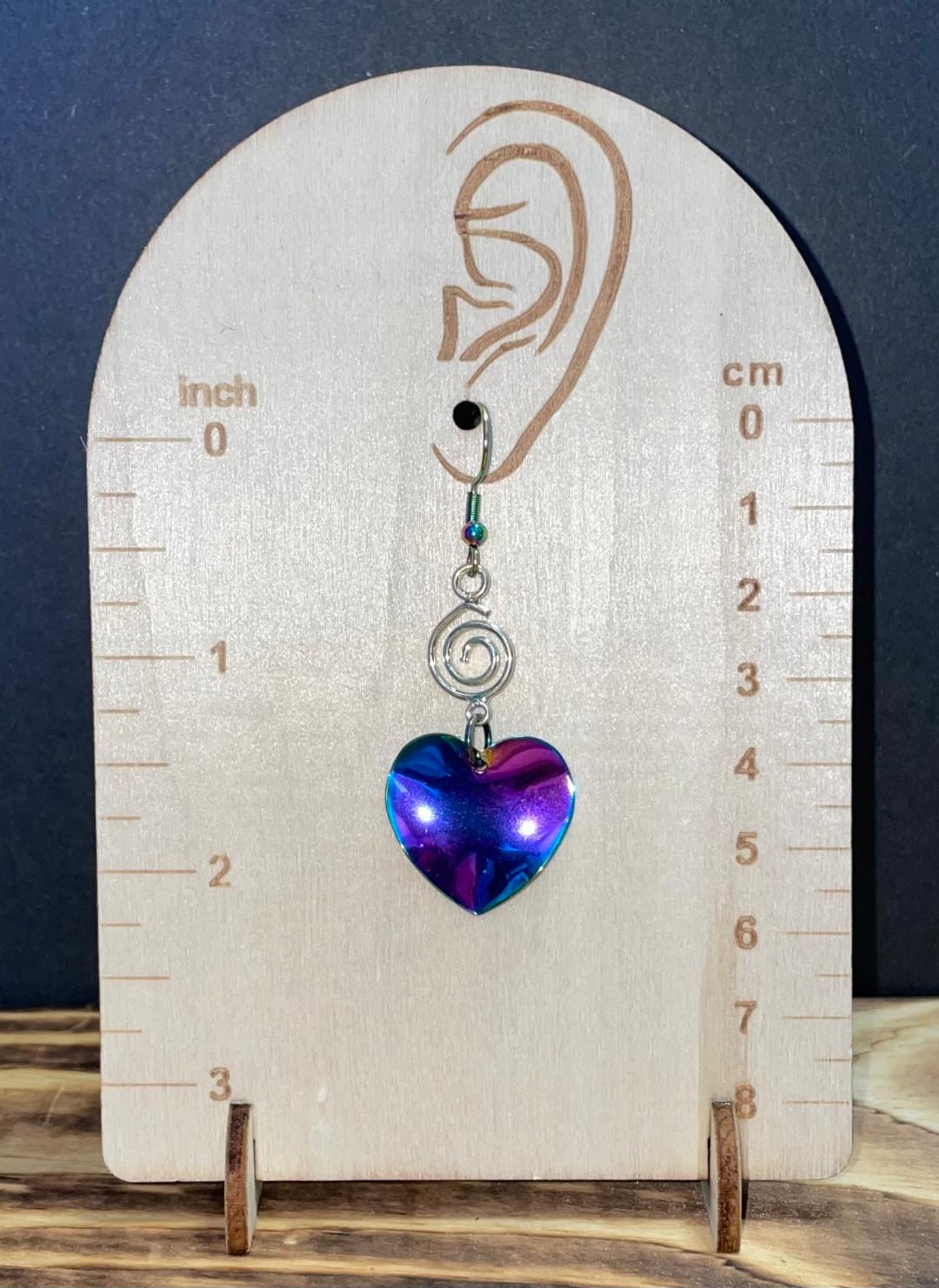NEW Rainbow Iridescent Ripple Wave Stainless Steel Heart Earrings
