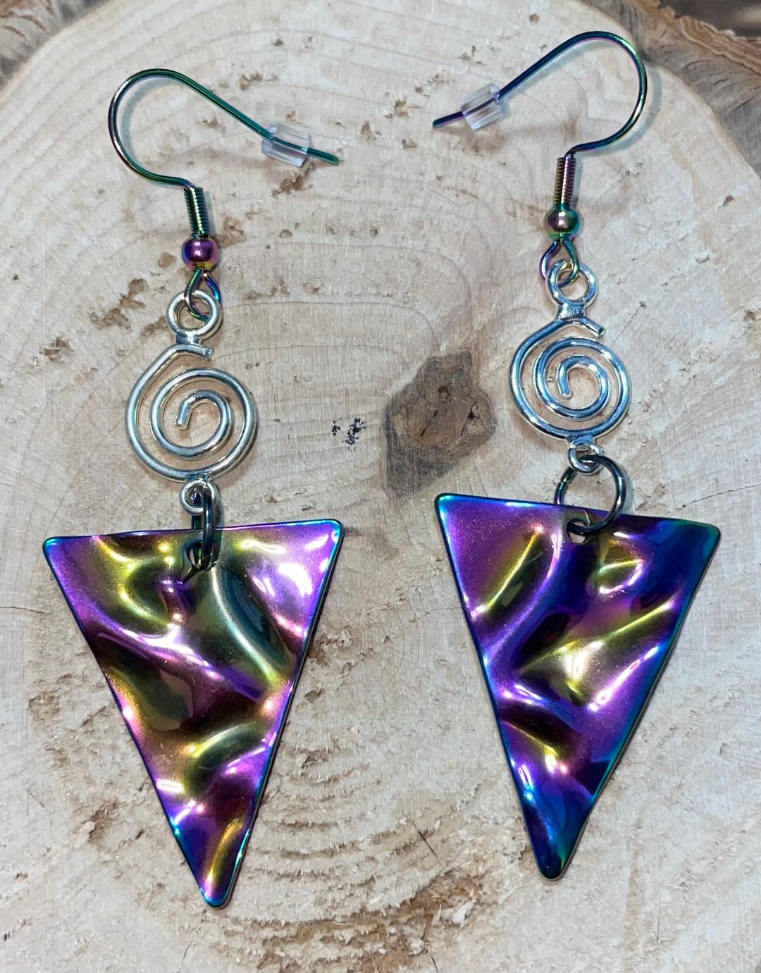 NEW Rainbow Iridescent Ripple Wave Stainless Steel Triangle Earrings