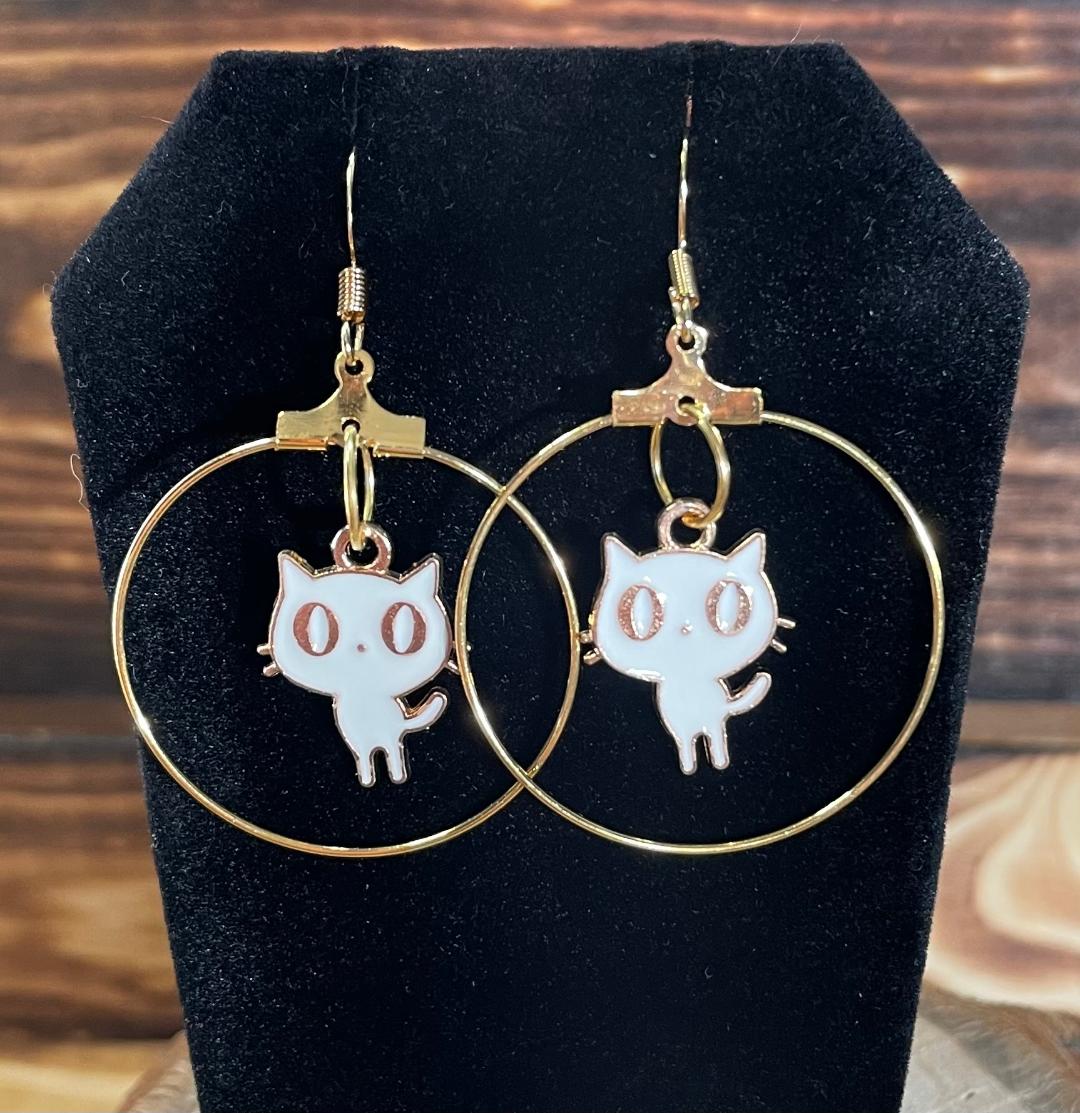 NEW Retro Atomic Cat White Enamel Gold Hoop Earrings