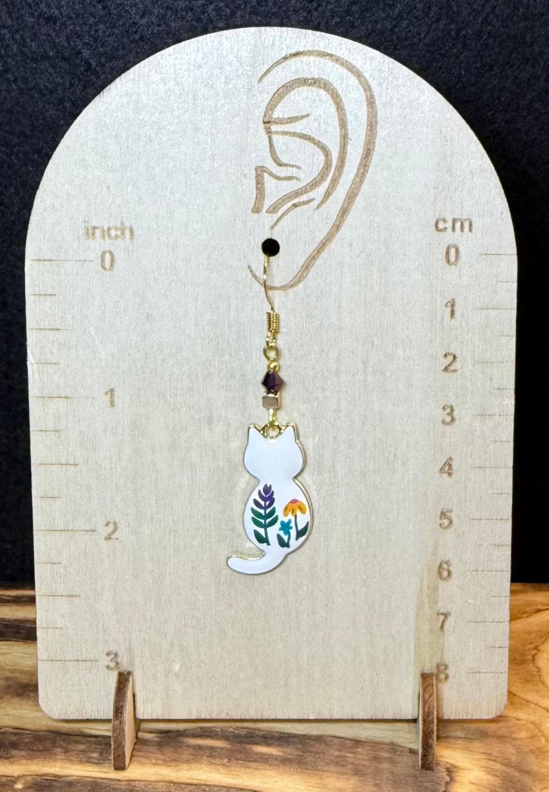 NEW White & Floral Enamel Cat Earrings w/ Dark Purple & Gold Faceted Beads