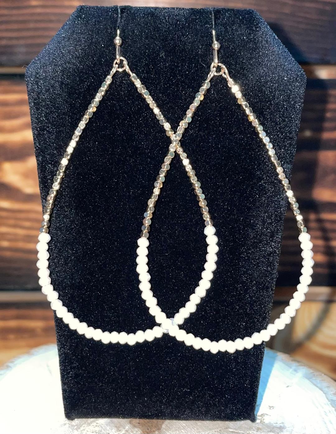 NEW Extra Long Beaded White & Gold Teardrop Hoop Earrings
