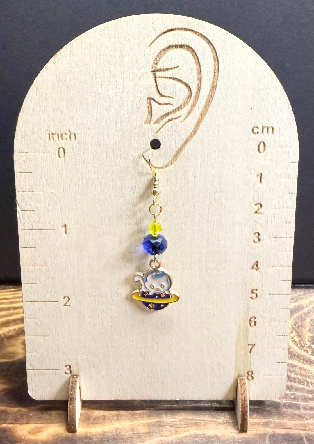 NEW Space Cat Kitten Charm Earrings w/ Blue & Yellow Glass Beads
