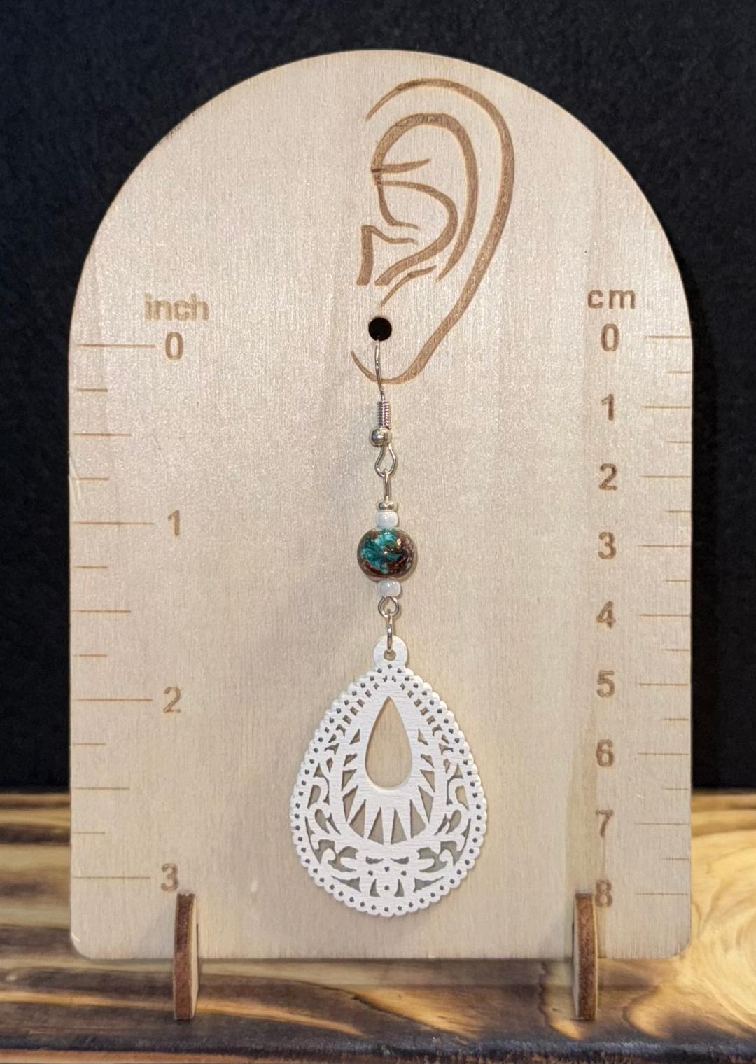 NEW Fancy Cut White Wood Teardrop & Marbled Glass Bead Earrings