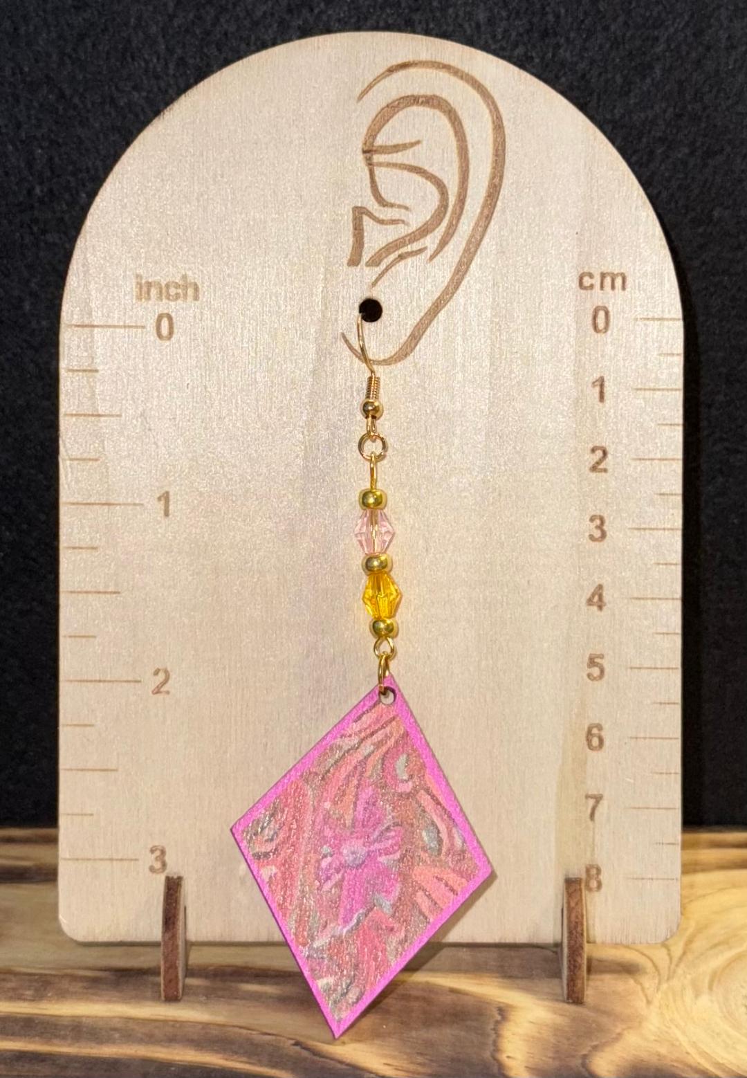 NEW Floral Wooden Diamond Shape Earrings w/ Pink & Orange Faceted Beads