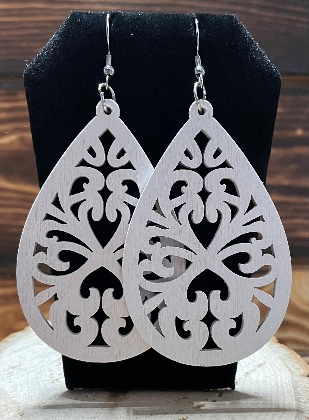 NEW Ornate Hollow White Wooden Teardrop Earrings