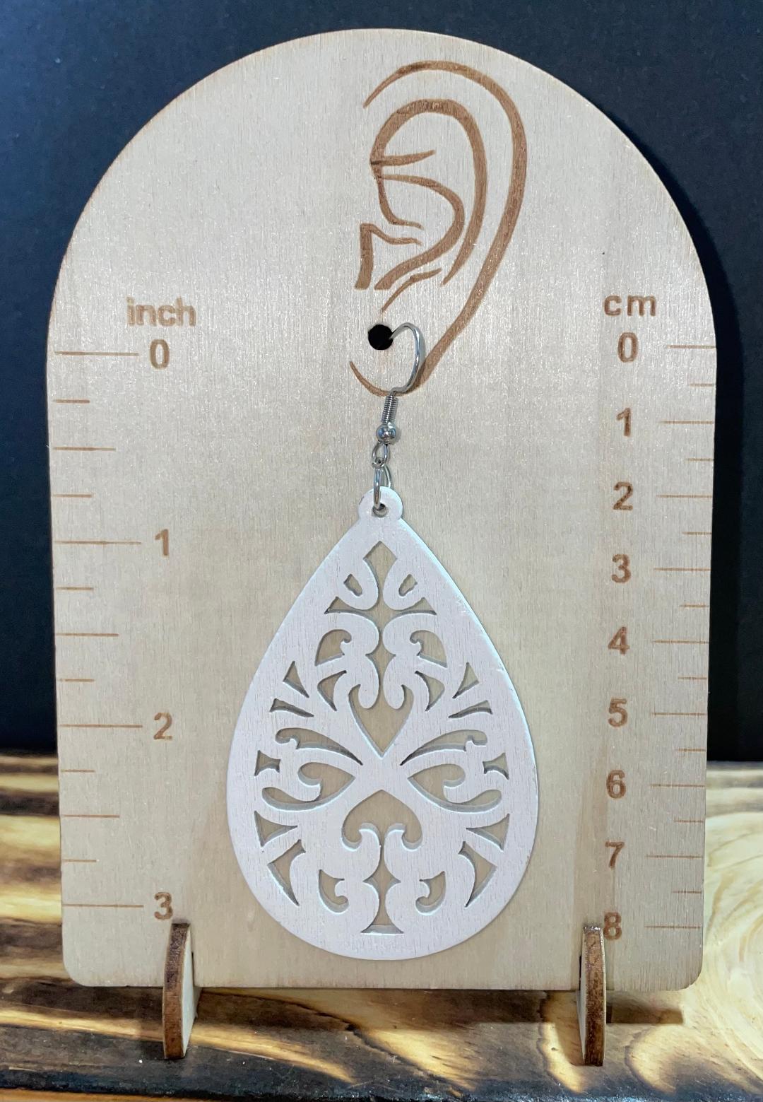 NEW Ornate Hollow White Wooden Teardrop Earrings