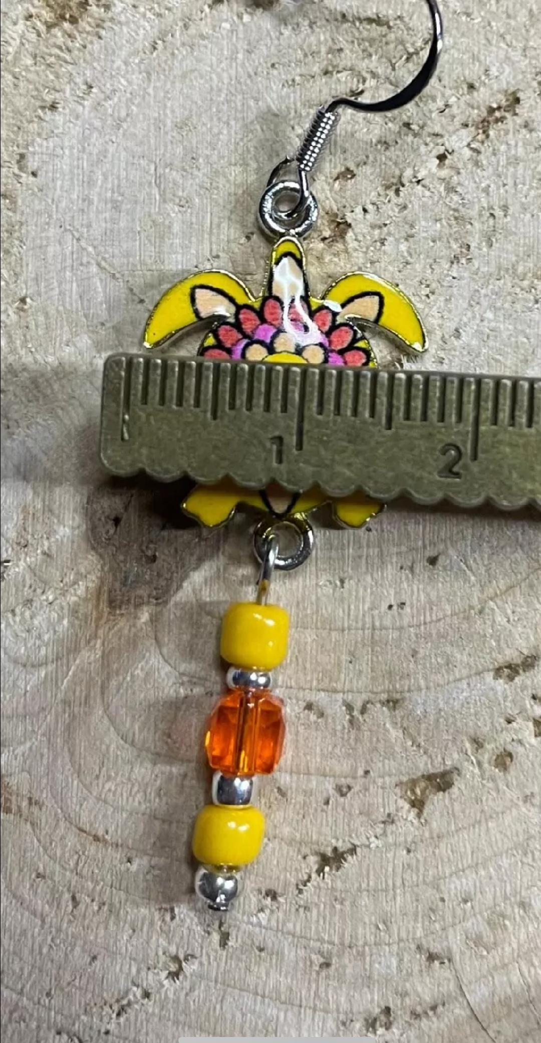 NEW Handmade Boho Hippie Yellow Enamel Sea Turtle Charm & Beaded Earrings