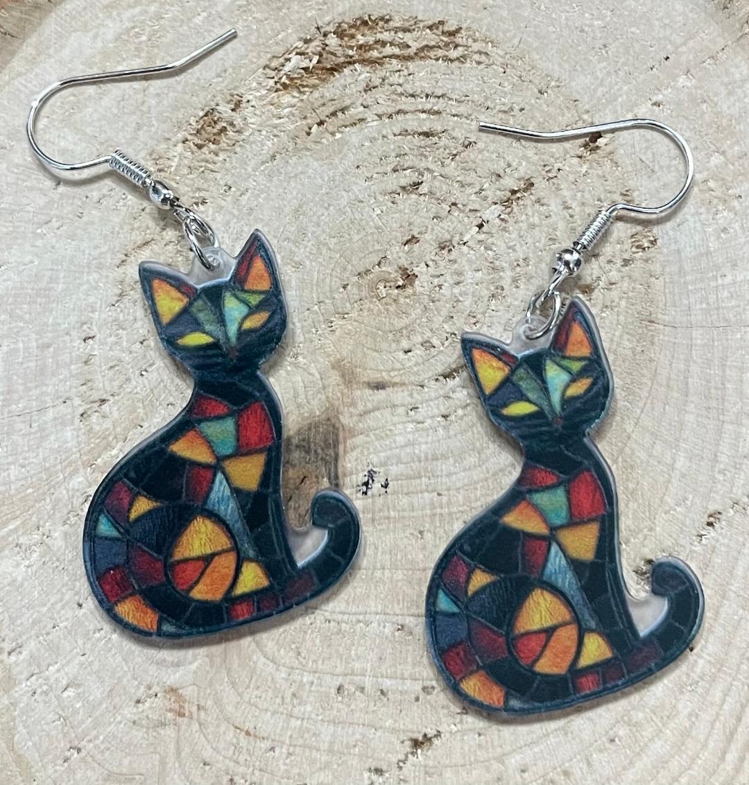 NEW Black Mosaic Stained Glass Style Yellow Eye Acrylic Cat Earrings