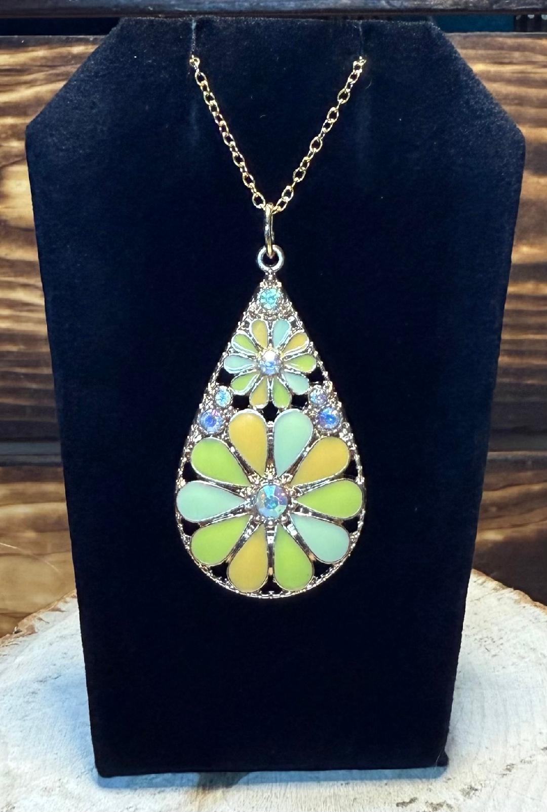 NEW Dramatic Large Yellow Floral Enamel & Rhinestone Teardrop Necklace - 15.75"
