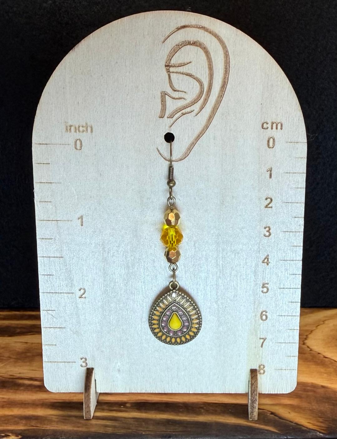 NEW Yellow Enamel & Bronze Teardrop Earrings w/ Yellow Glass Beads