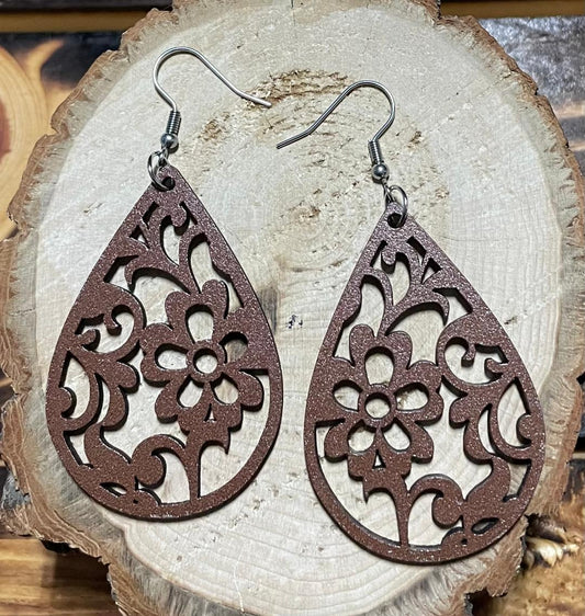 NEW Carved Wooden Large Floral Cutout Teardrop Earrings