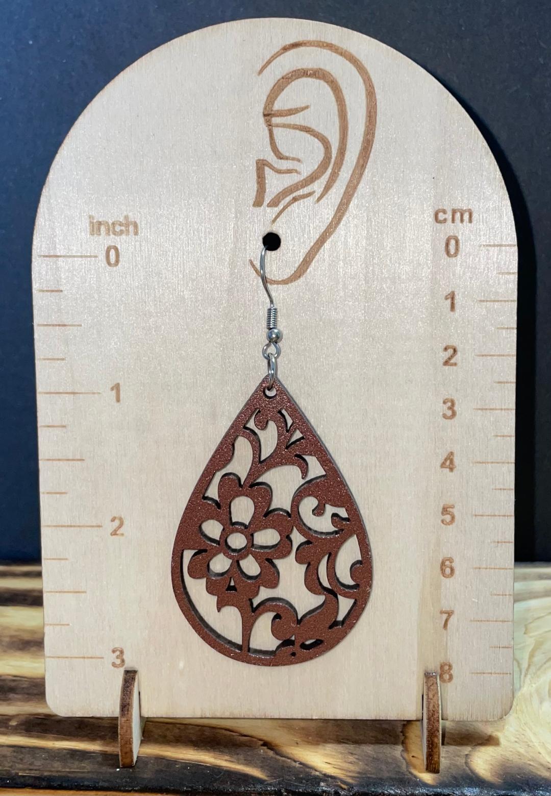 NEW Carved Wooden Large Floral Cutout Teardrop Earrings